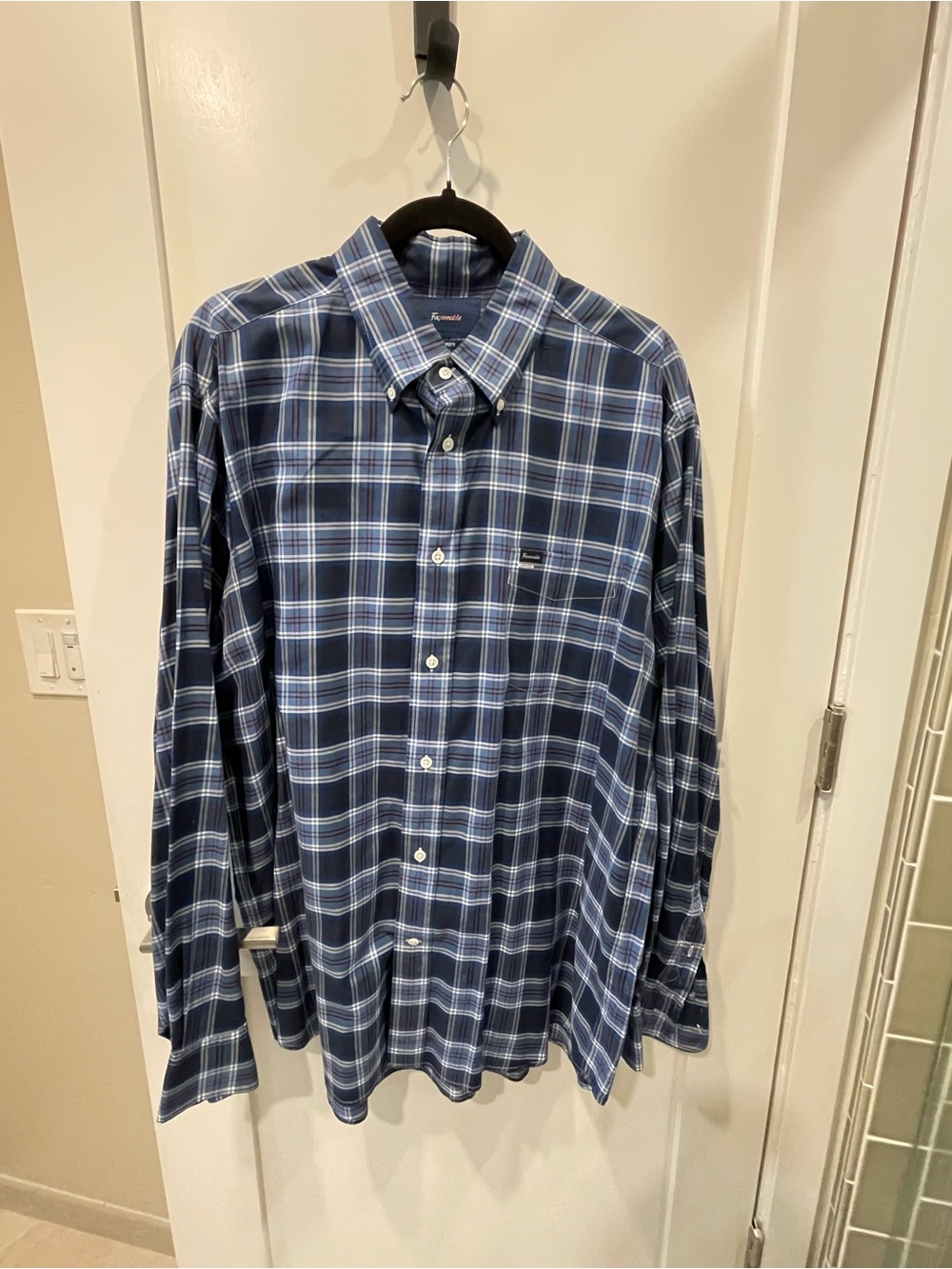 Faconnable Navy and White Plaid Button-Down Shirt
